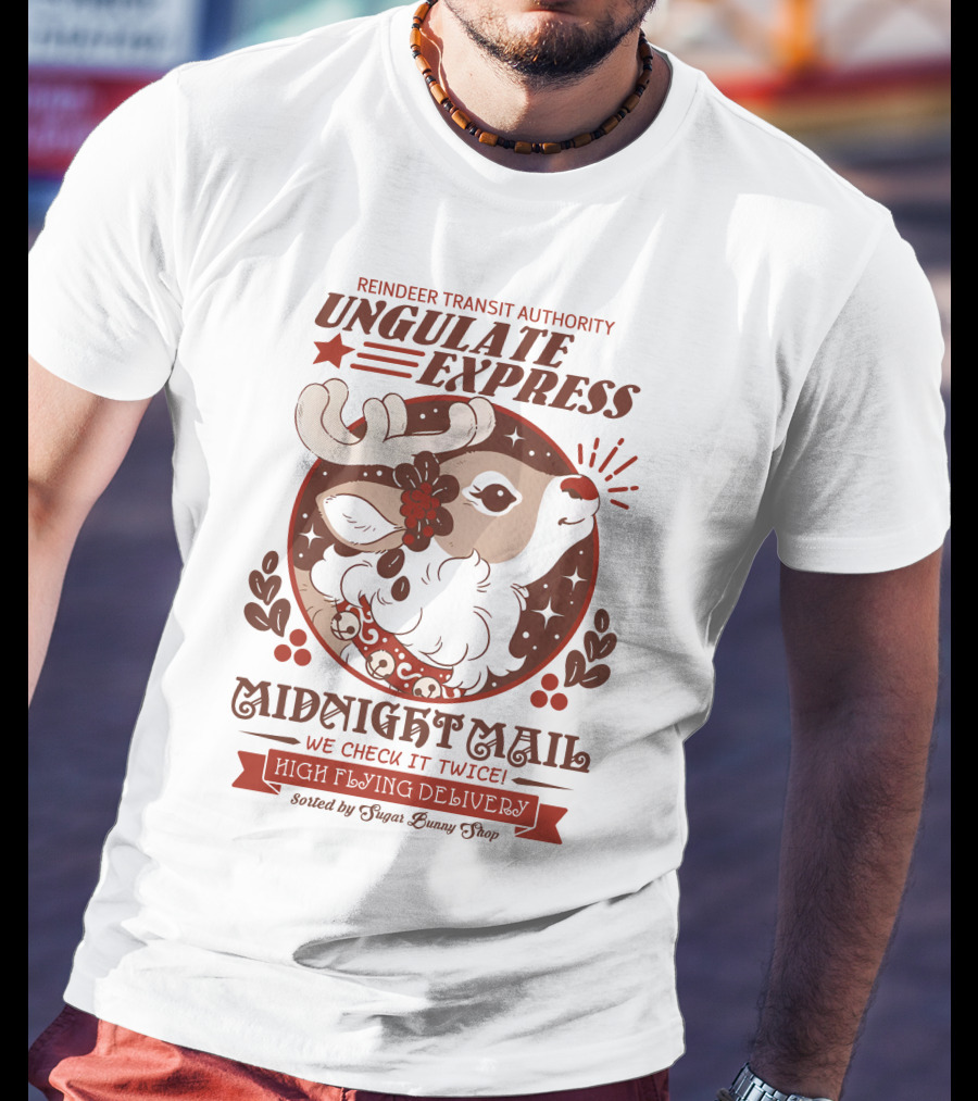 Reindeer Transit Authority Ungulate Express Midnight Mail High Flying Delivery T-Shirt