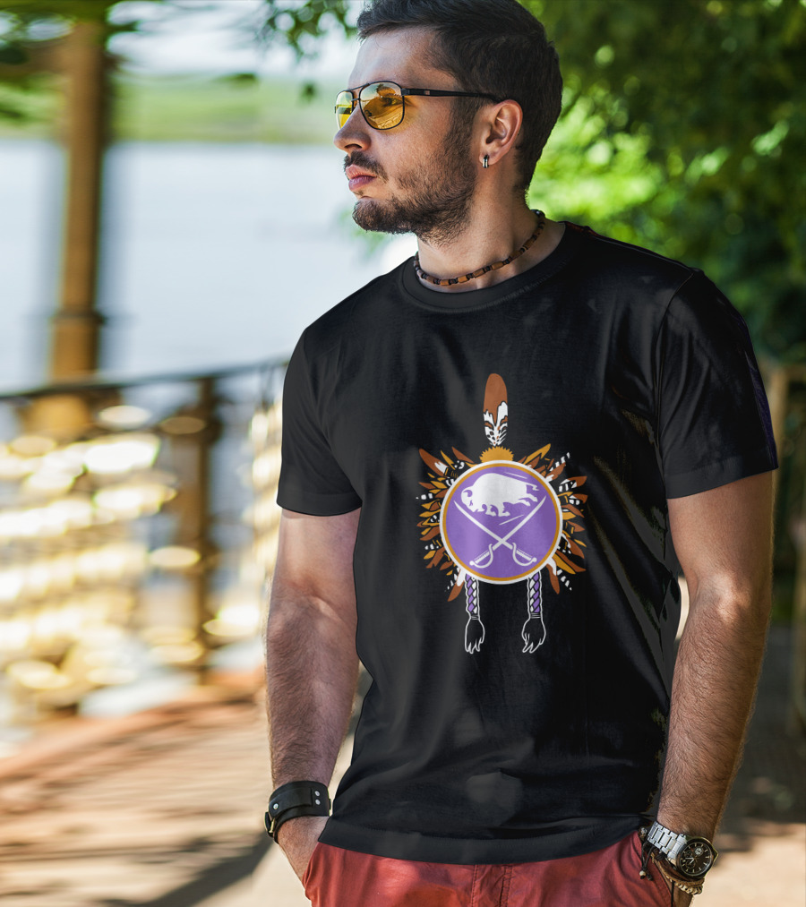Buffalo Sabres Native American Feathered Symbol With Purple Circle And Crossing Sticks T-Shirt