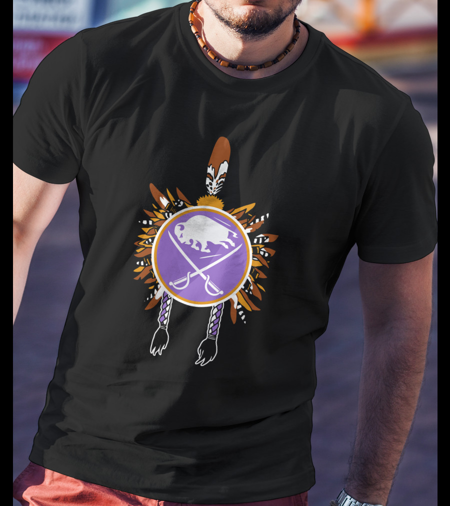 Buffalo Sabres Native American Feathered Symbol With Purple Circle And Crossing Sticks T-Shirt