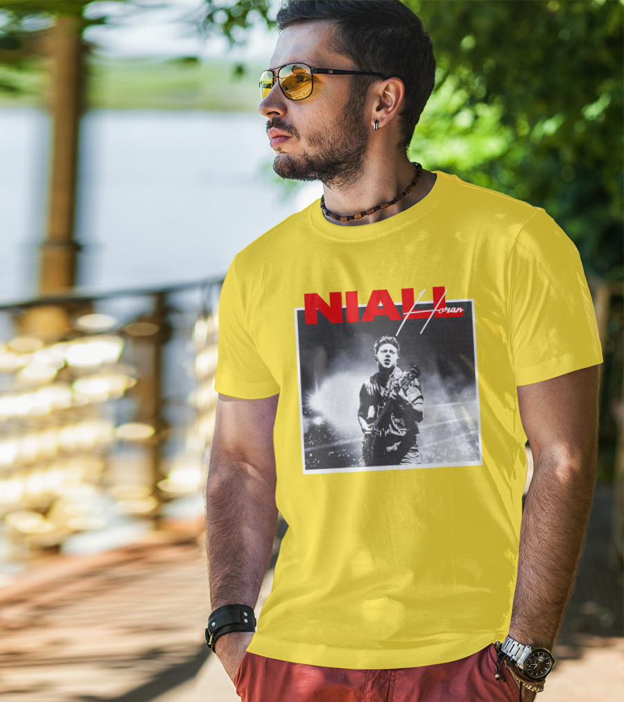 Niall Horan Live Performance Black And White Stage Photo With Red Name Highlight T-Shirt