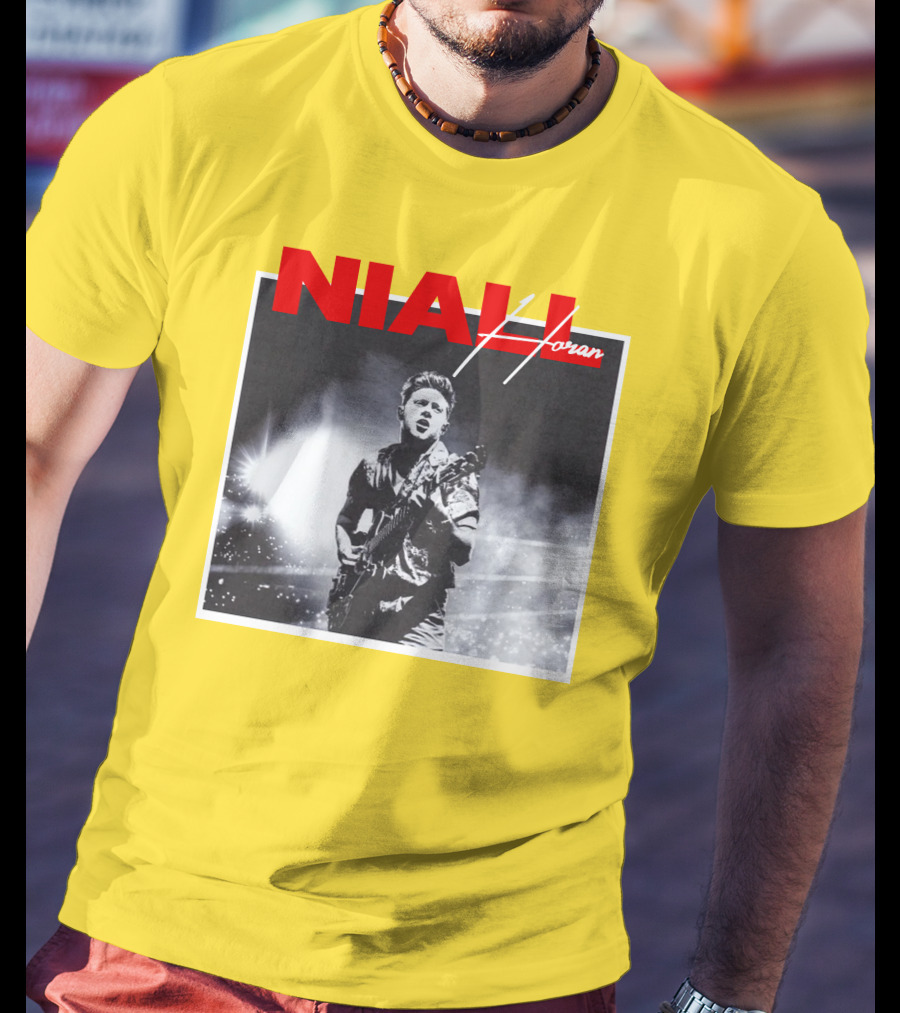 Niall Horan Live Performance Black And White Stage Photo With Red Name Highlight T-Shirt