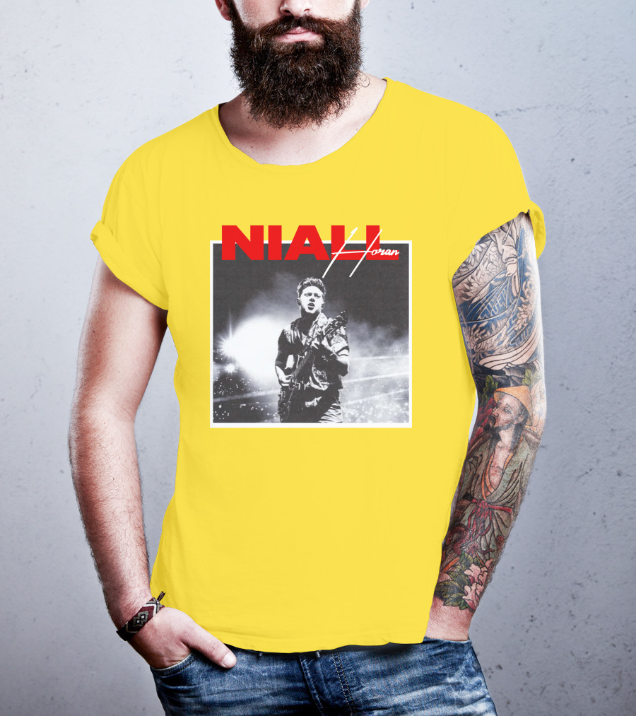 Niall Horan Live Performance Black And White Stage Photo With Red Name Highlight T-Shirt