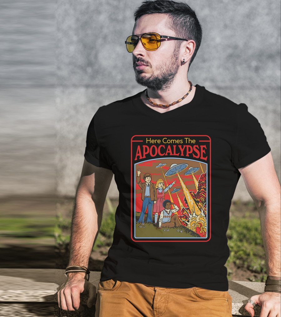 Here Comes The Apocalypse UFO Invasion With Kids And Explosions T-Shirt