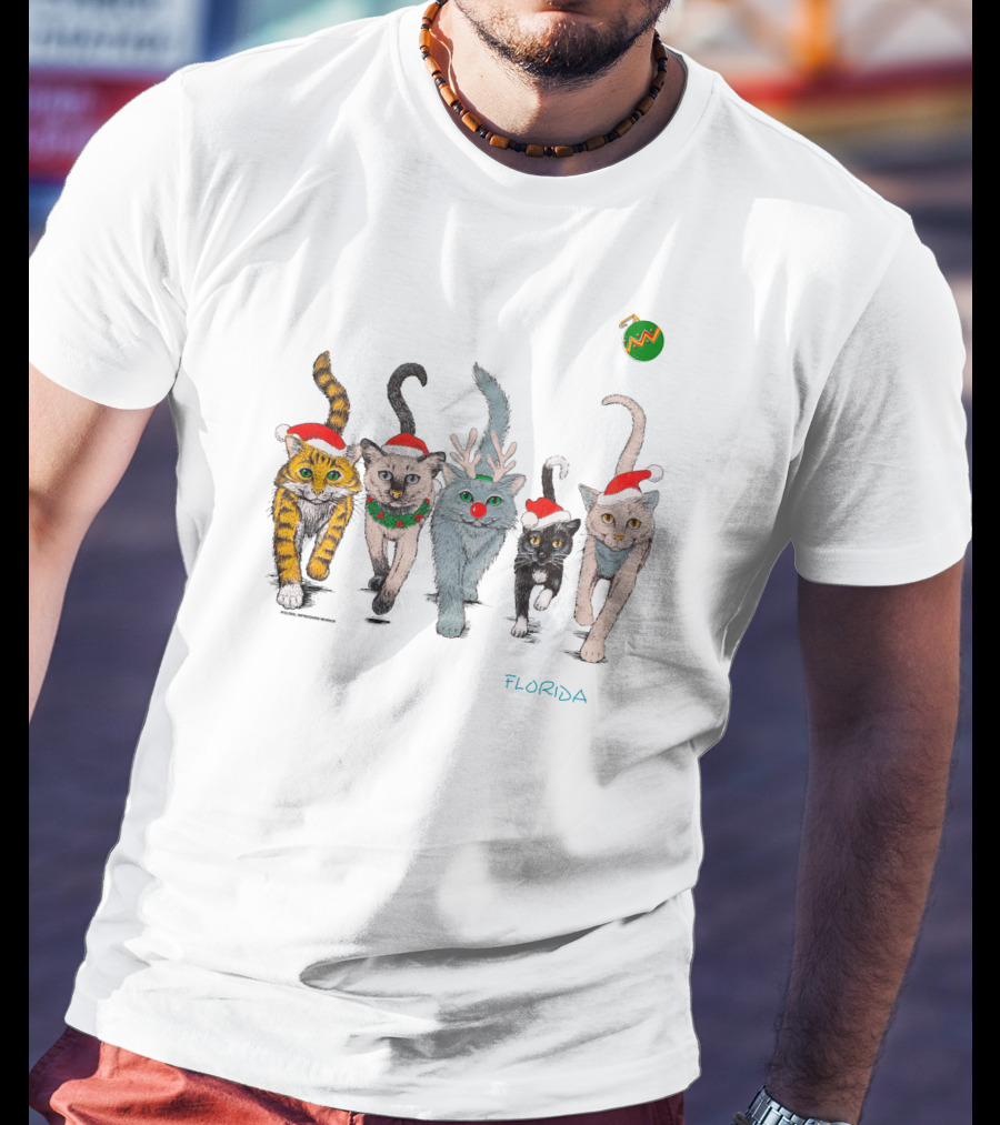 Vintage 90S Florida Christmas Cats Santa Hat Reindeer Antlers T-Shirt