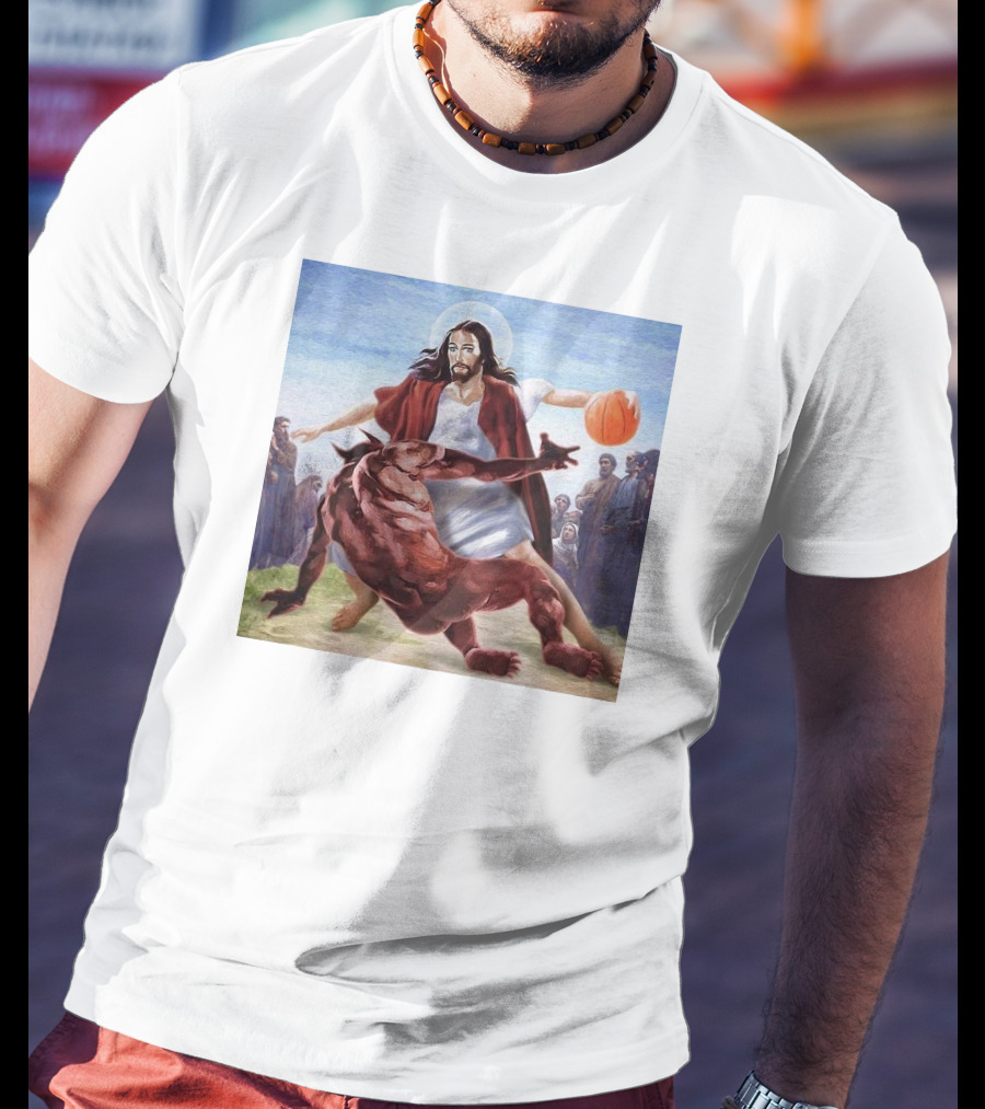 Jesus Dribbling Basketball Past Demon With Onlookers T-Shirt