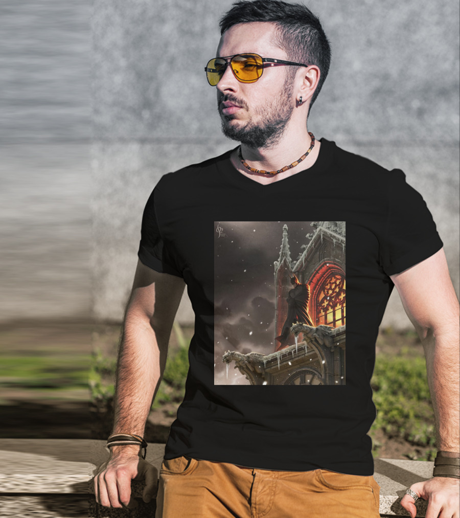 A Knight In The Frost Gothic Cathedral Snowfall Scene T-Shirt