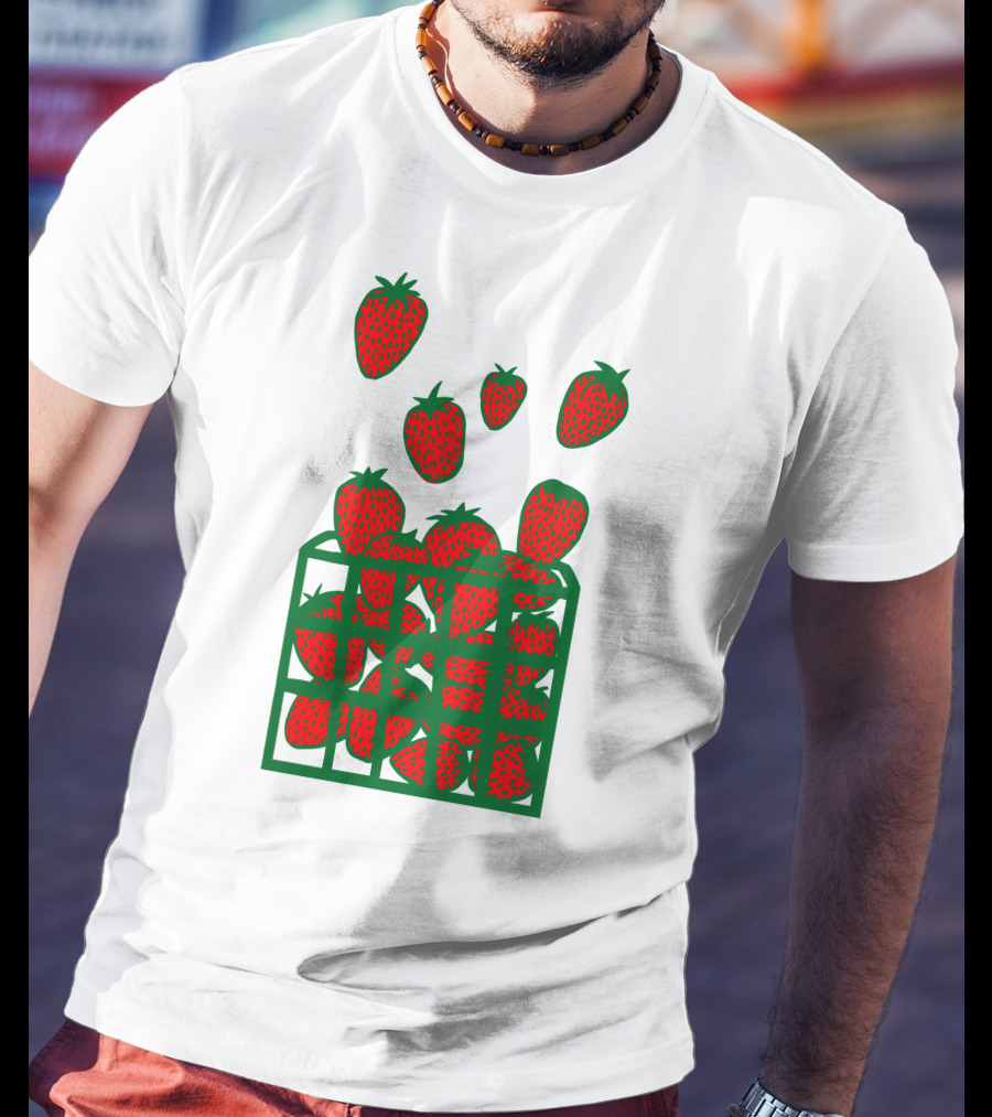 Strawberry Basket With Falling Strawberries Screen Print T-Shirt