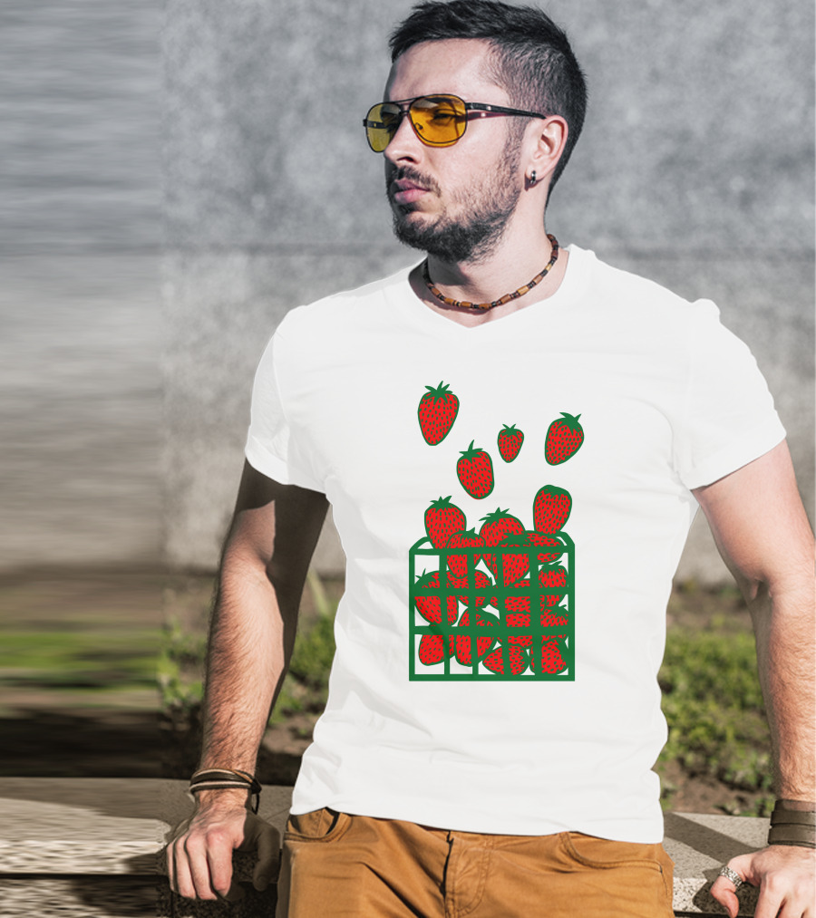 Strawberry Basket With Falling Strawberries Screen Print T-Shirt