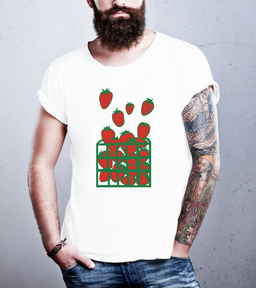 Strawberry Basket With Falling Strawberries Screen Print T-Shirt