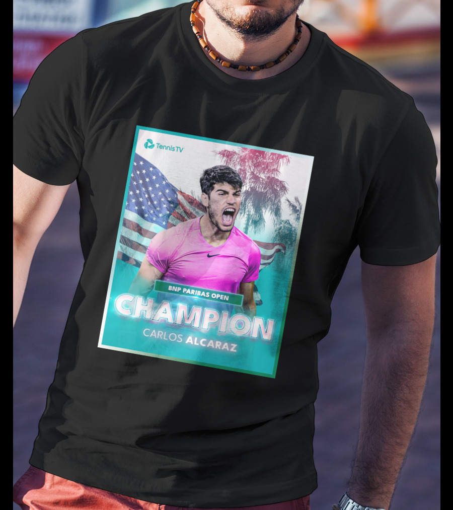 TennisTV BNP Paribas Open Champion Carlos Alcaraz American Flag Background T-Shirt