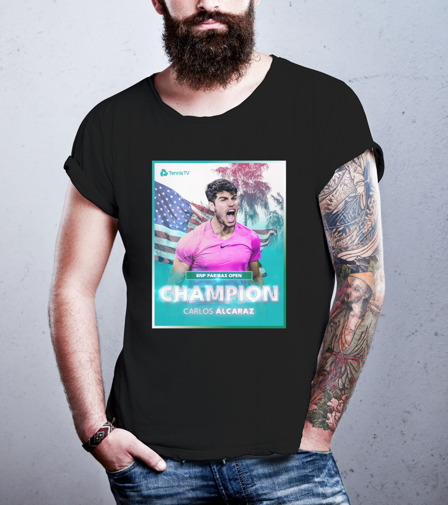 TennisTV BNP Paribas Open Champion Carlos Alcaraz American Flag Background T-Shirt