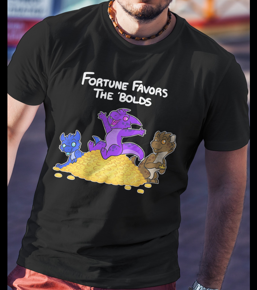 Kobold Fortune Favors The Bold Colorful Cartoon Creatures On Gold Coins T-Shirt