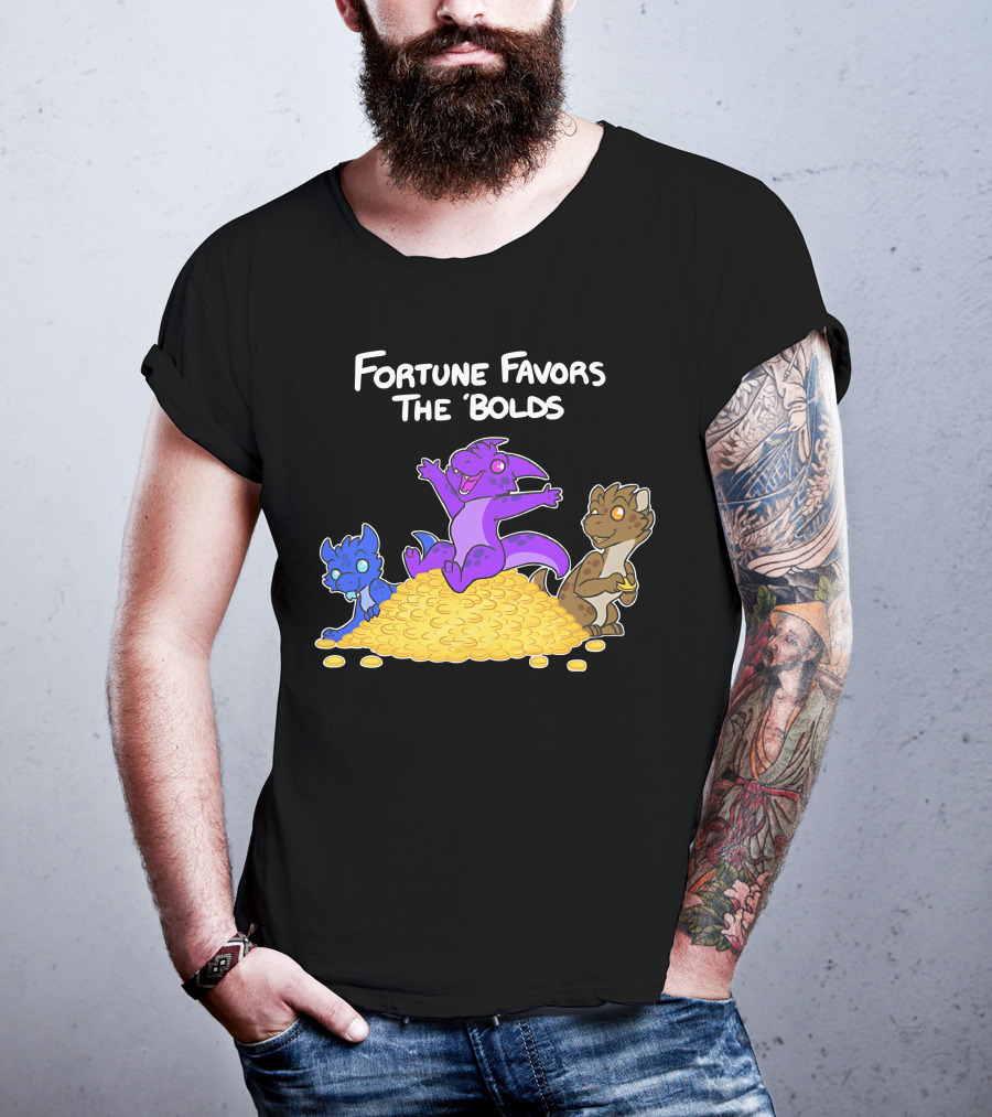 Kobold Fortune Favors The Bold Colorful Cartoon Creatures On Gold Coins T-Shirt