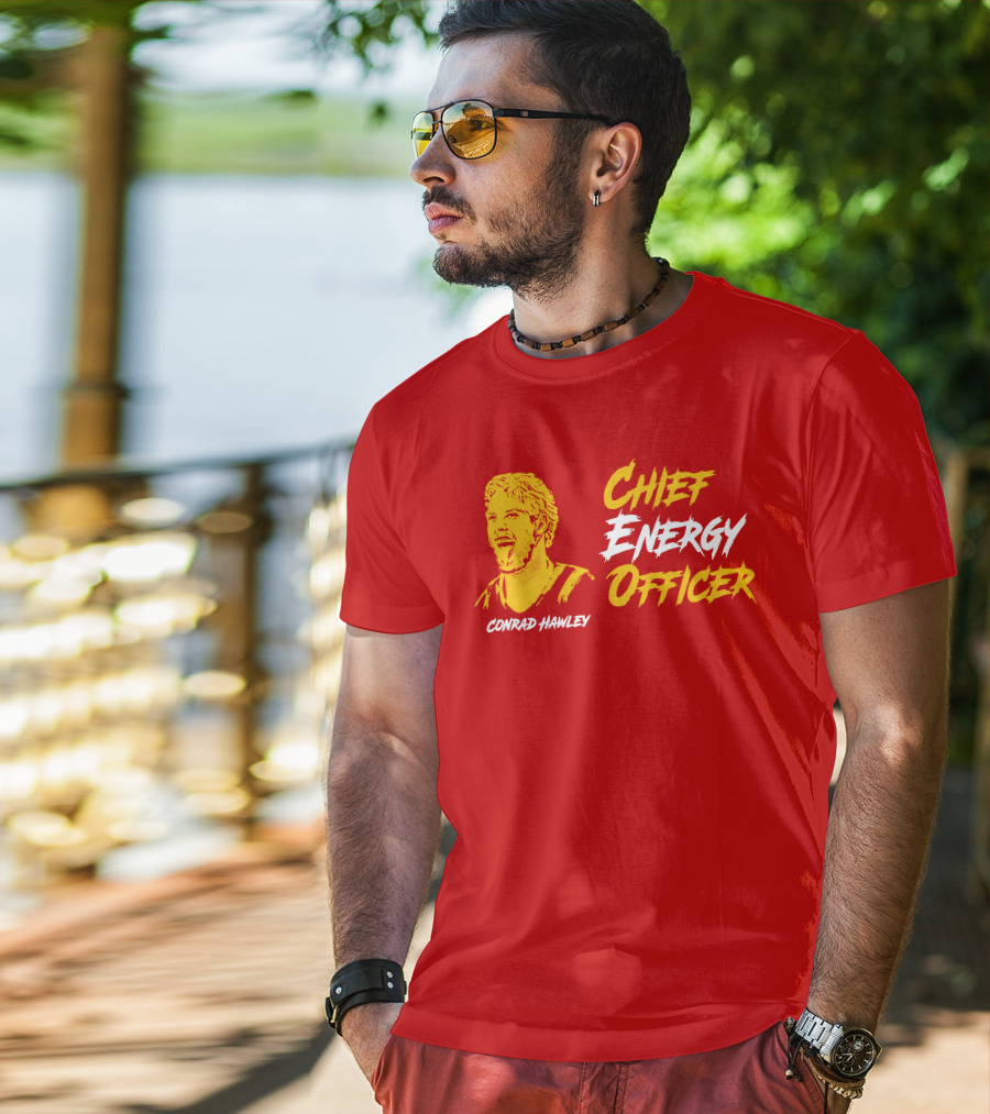 Conrad Hawley Chief Energy Officer Enthusiastic Portrait In Bold Yellow And White Text T-Shirt