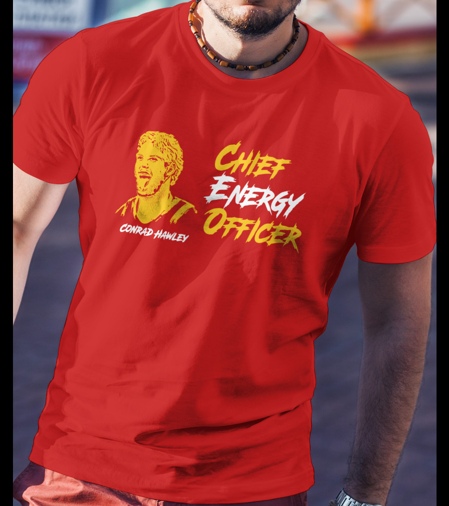 Conrad Hawley Chief Energy Officer Enthusiastic Portrait In Bold Yellow And White Text T-Shirt