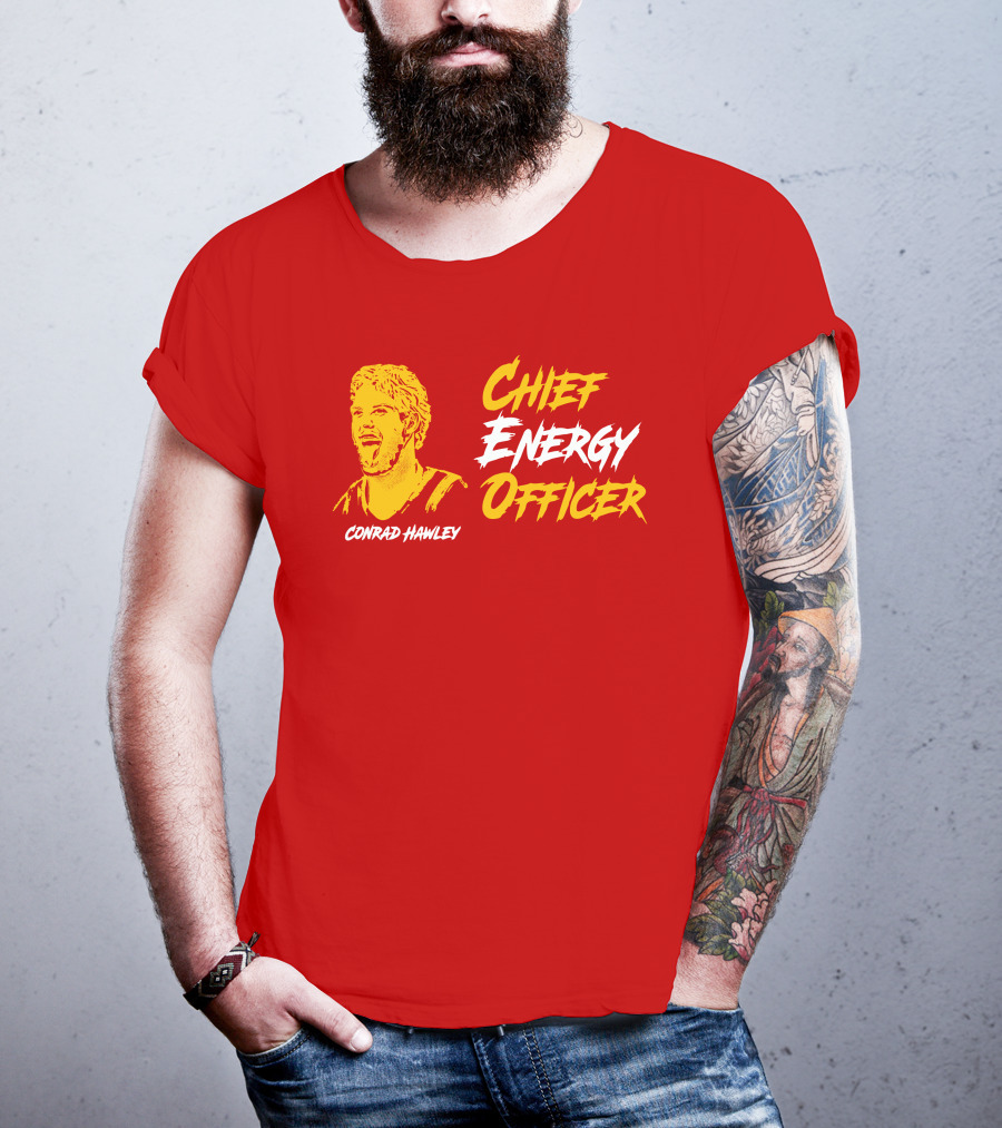 Conrad Hawley Chief Energy Officer Enthusiastic Portrait In Bold Yellow And White Text T-Shirt