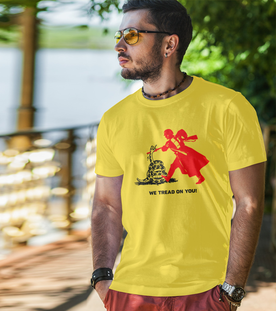We Tread On You Revolutionary Soldier And Snake Yellow Background T-Shirt