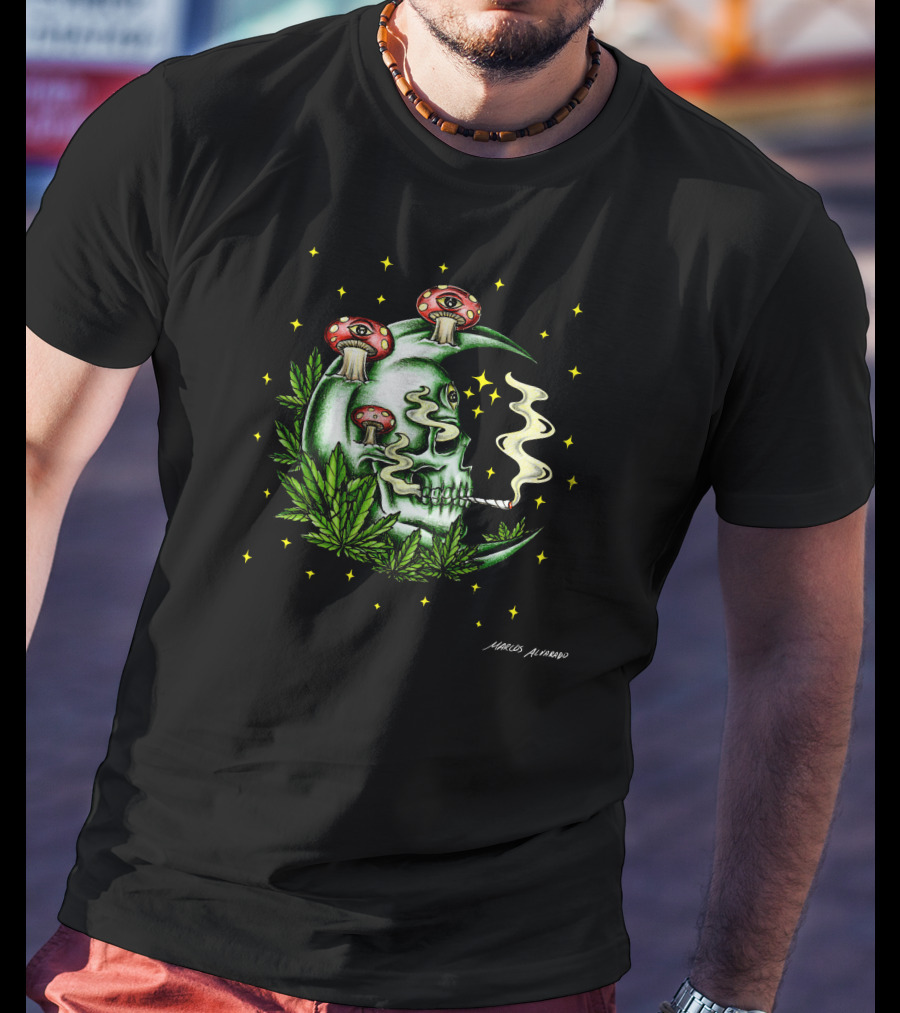 Marcos Alvarado Smoking Moon Skull With Mushroom Eyes And Cannabis Leaves T-Shirt