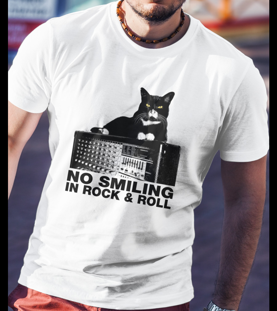 No Smiling In Rock And Roll Cat On Amplifier T-Shirt