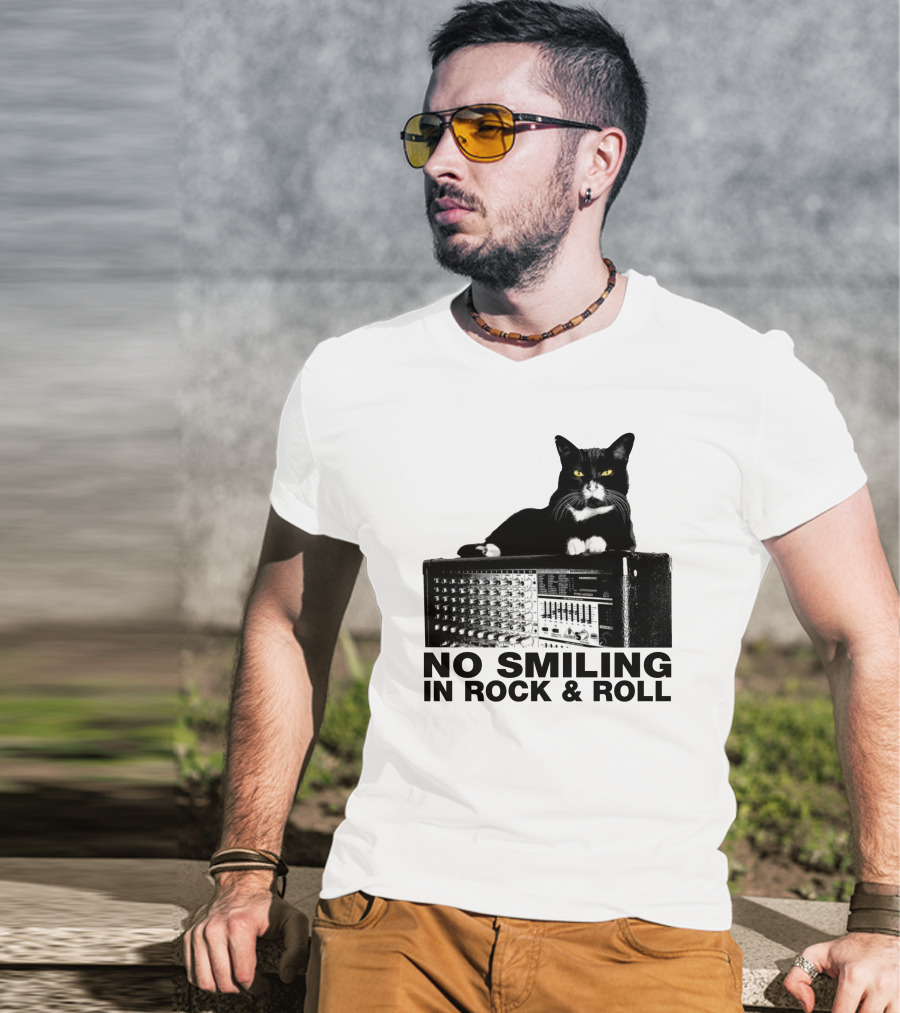 No Smiling In Rock And Roll Cat On Amplifier T-Shirt