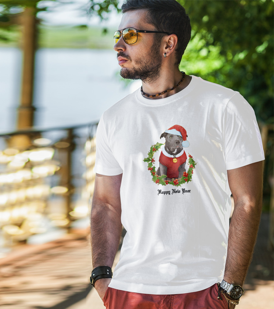 Billie Eilish Store Happy New Year Dog In Santa Hat And Holly Wreath T-Shirt