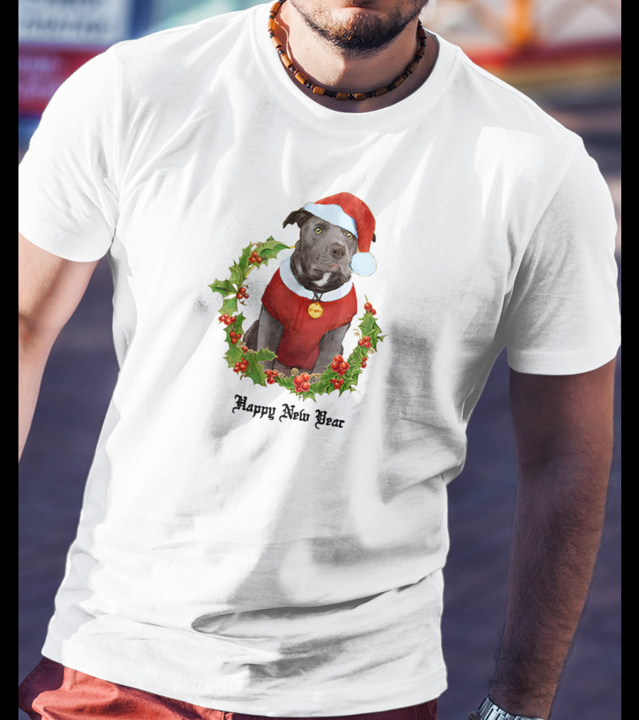 Billie Eilish Store Happy New Year Dog In Santa Hat And Holly Wreath T-Shirt