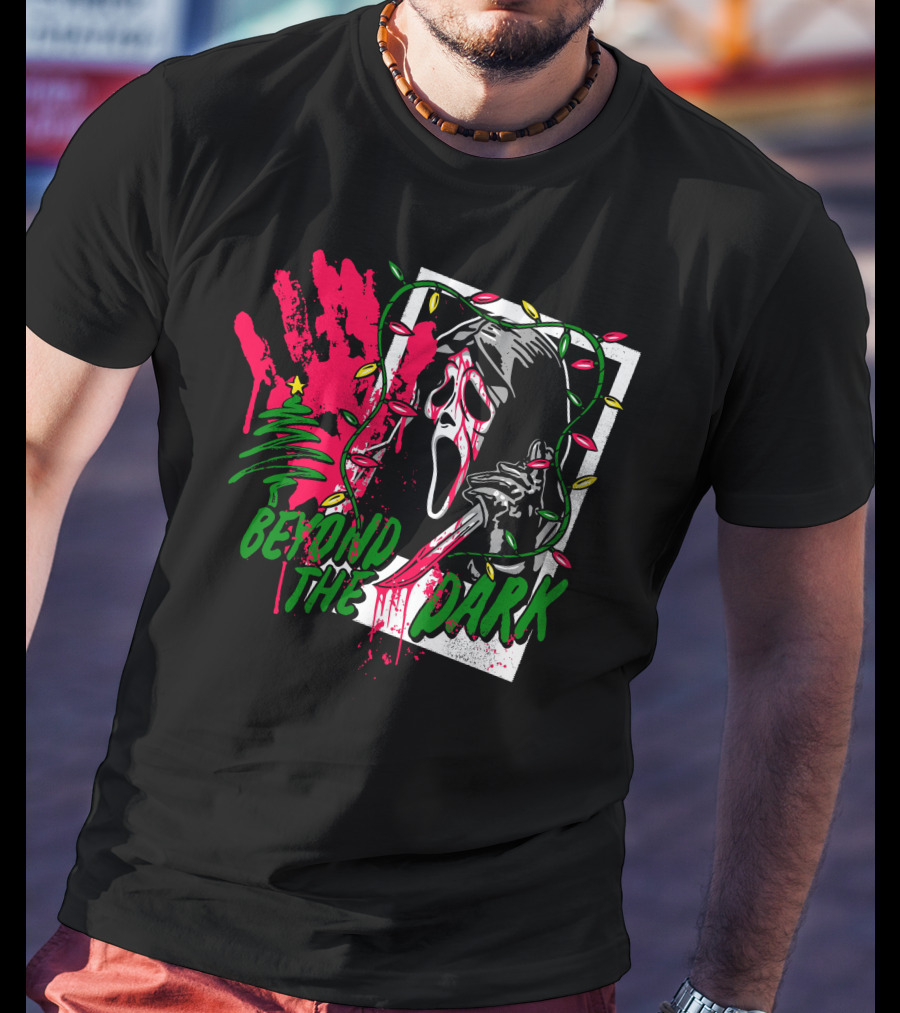 Beyond The Dark Ghost Face Christmas Lights And Bloody Handprint T-Shirt