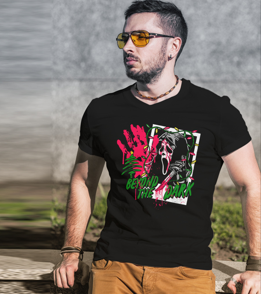 Beyond The Dark Ghost Face Christmas Lights And Bloody Handprint T-Shirt
