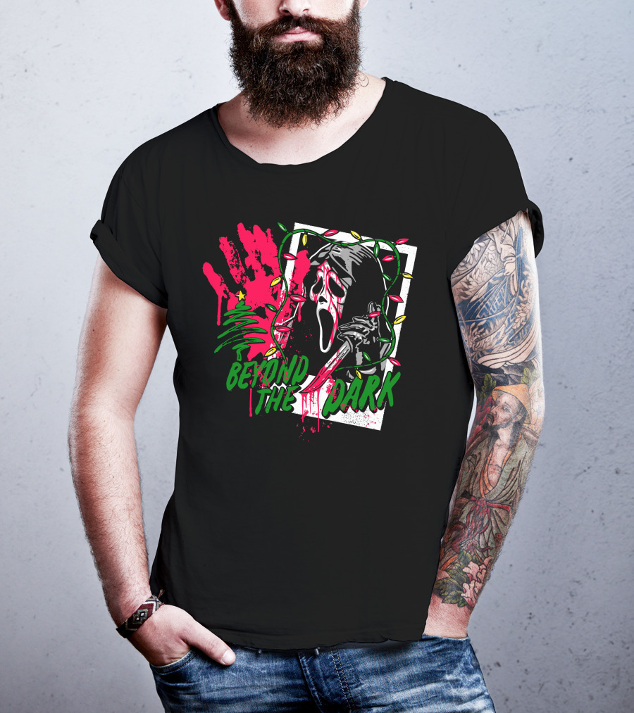Beyond The Dark Ghost Face Christmas Lights And Bloody Handprint T-Shirt