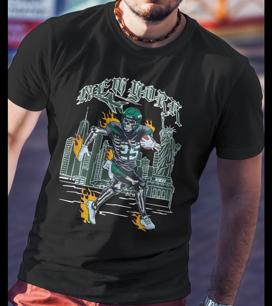 Veiiapparel New York Veii Ty Johnson Jetpack Mike White Statue Of Liberty Football Skyline Flames T-Shirt