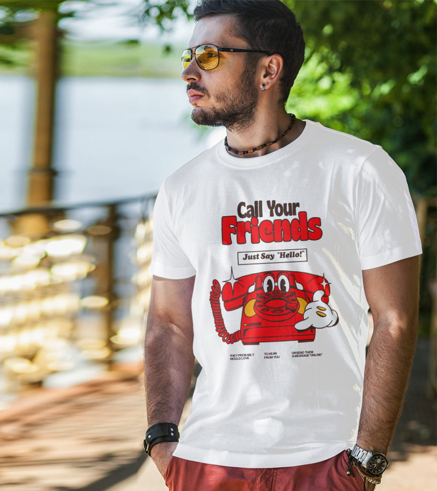 Call Your Friends Just Say Hello Retro Cartoon Telephone Message T-Shirt