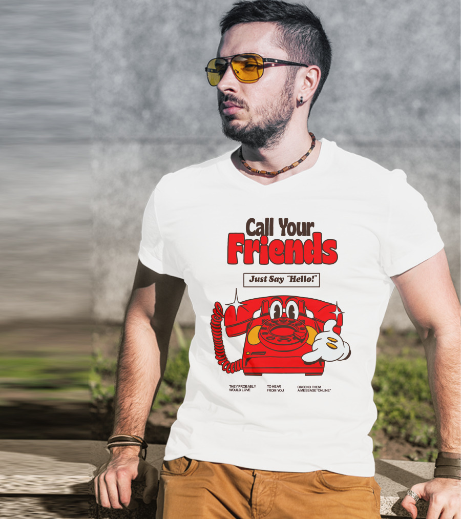 Call Your Friends Just Say Hello Retro Cartoon Telephone Message T-Shirt