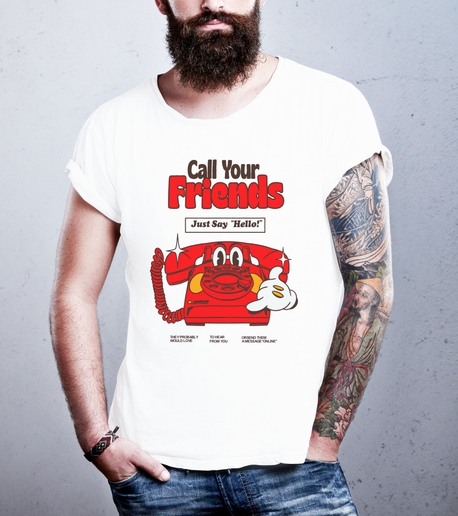 Call Your Friends Just Say Hello Retro Cartoon Telephone Message T-Shirt
