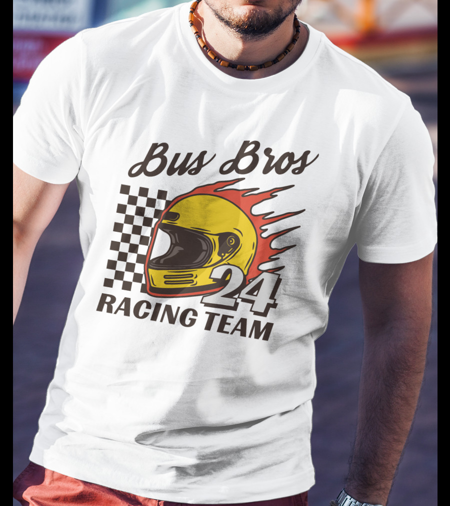 Bus Bros 24 Racing Team Helmet Flames Checkered Flag T-Shirt