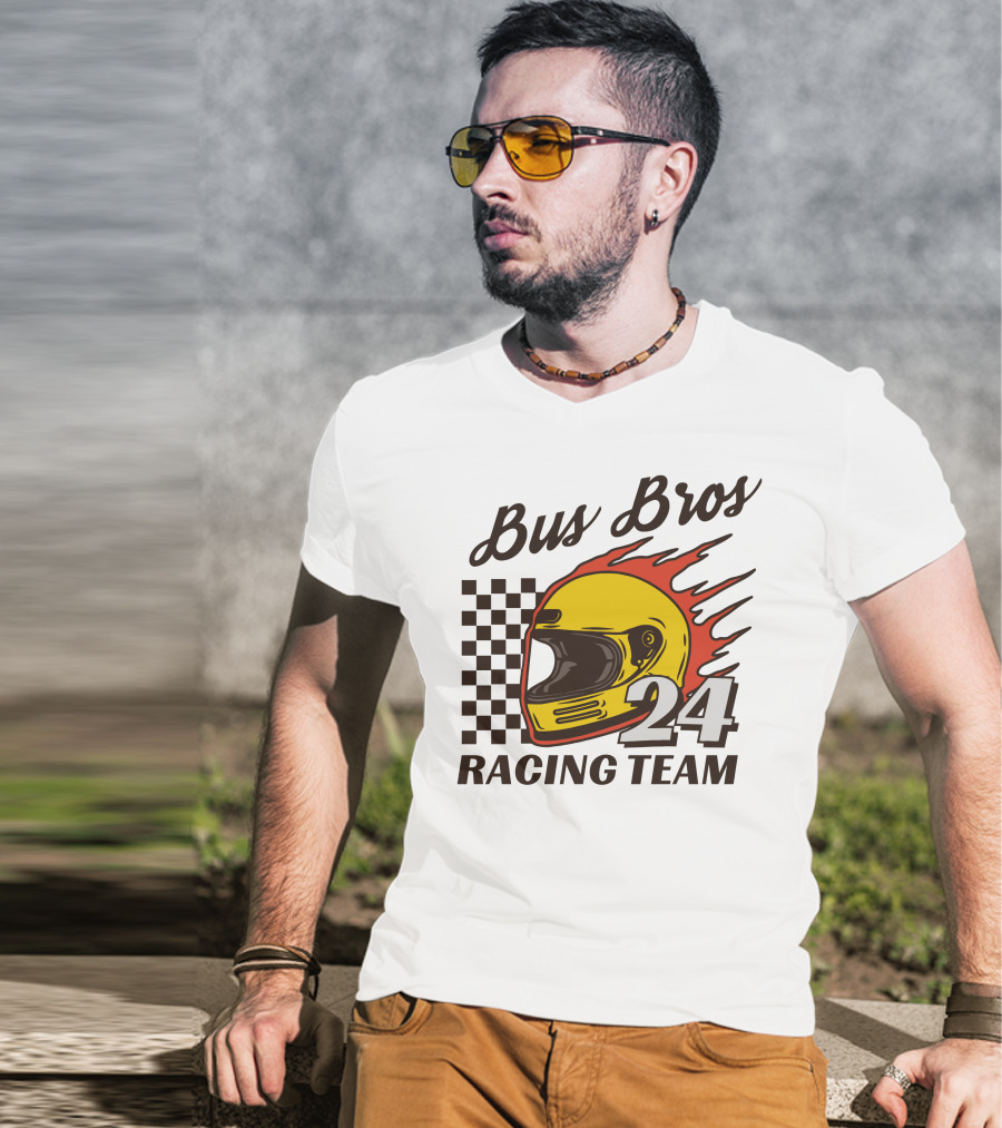 Bus Bros 24 Racing Team Helmet Flames Checkered Flag T-Shirt