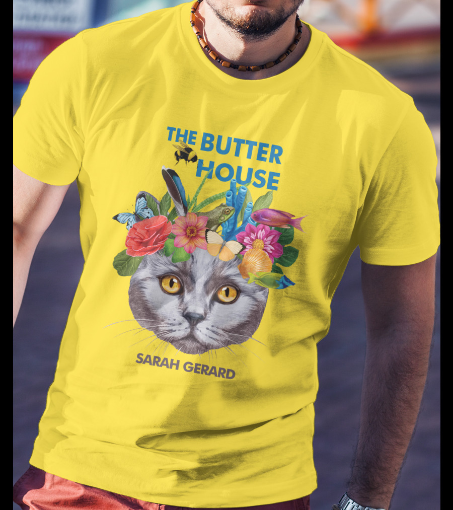 The Butter House Sarah Gerard Floral Cat With Butterflies And Fish On Yellow T-Shirt