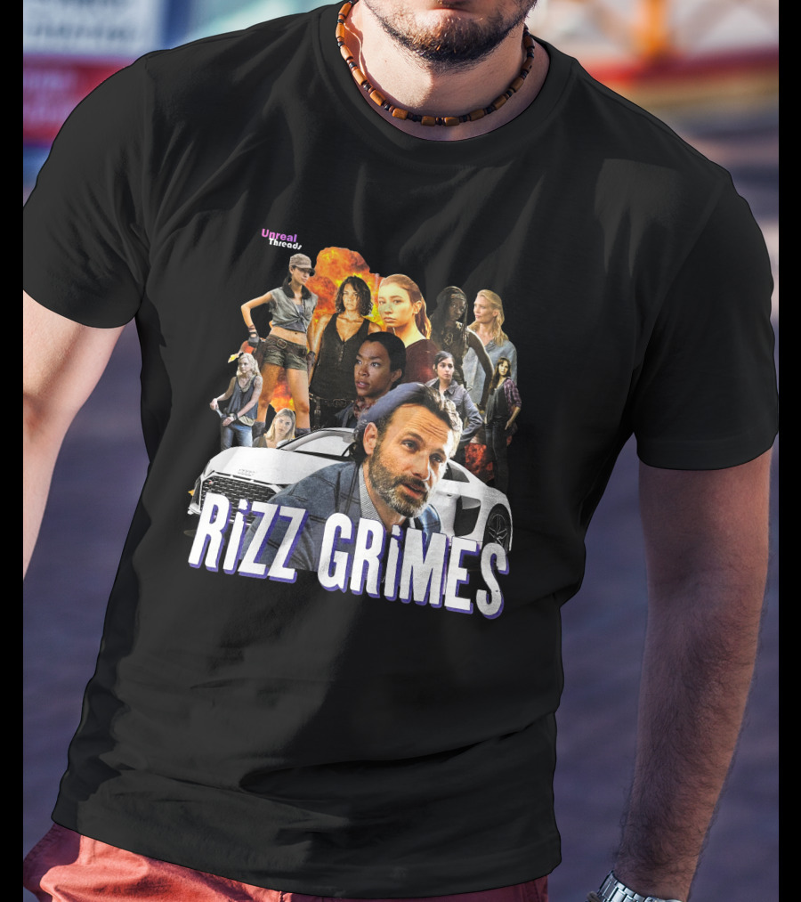 Unreal Threads Rizz Grimes Walking Dead Character Collage With Car And Flames T-Shirt