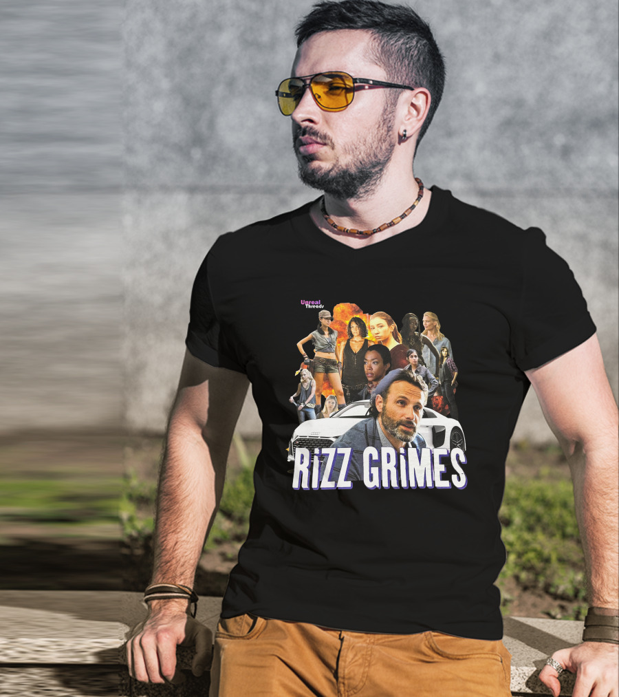 Unreal Threads Rizz Grimes Walking Dead Character Collage With Car And Flames T-Shirt