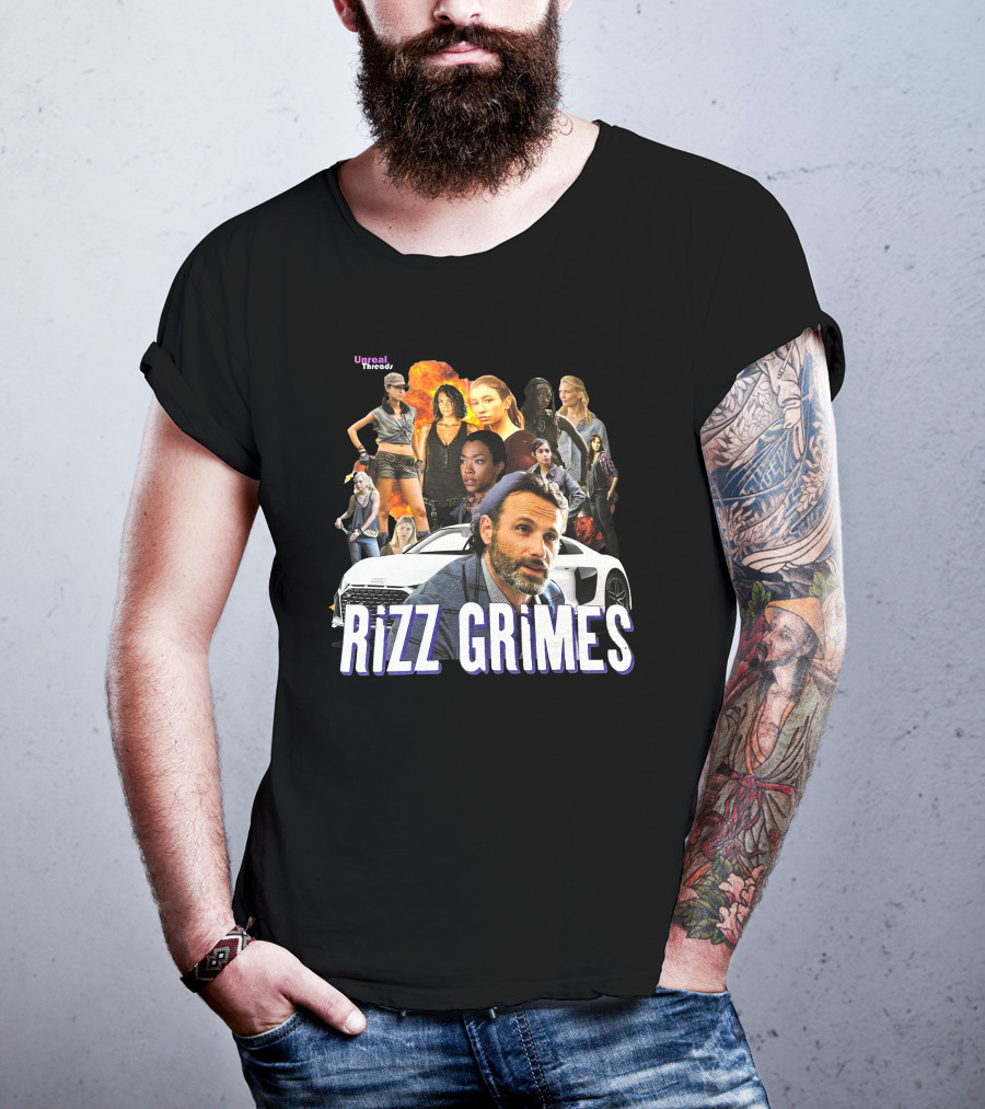 Unreal Threads Rizz Grimes Walking Dead Character Collage With Car And Flames T-Shirt