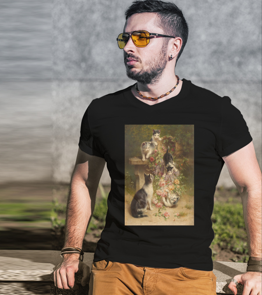 Cats And Flowers Playing On A Bench By Carl Reichert T-Shirt