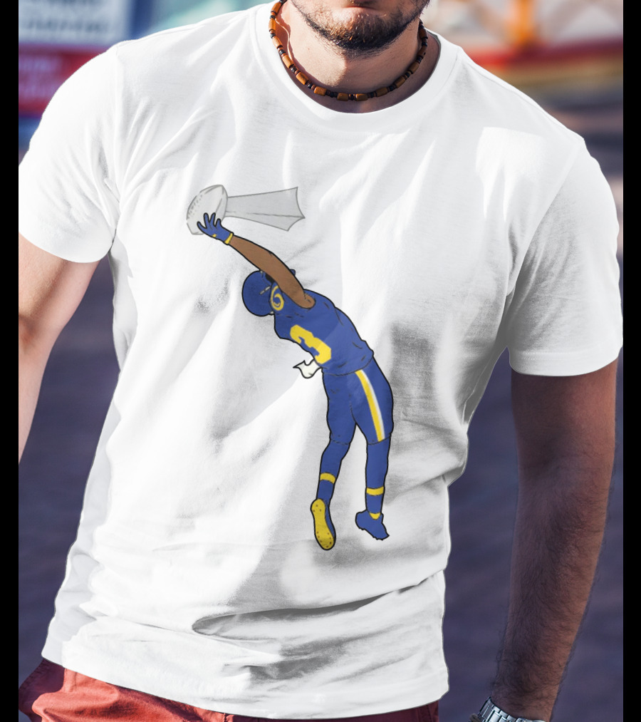 Trophy Catch Obj One-Handed Football Player Blue And Yellow Uniform T-Shirt