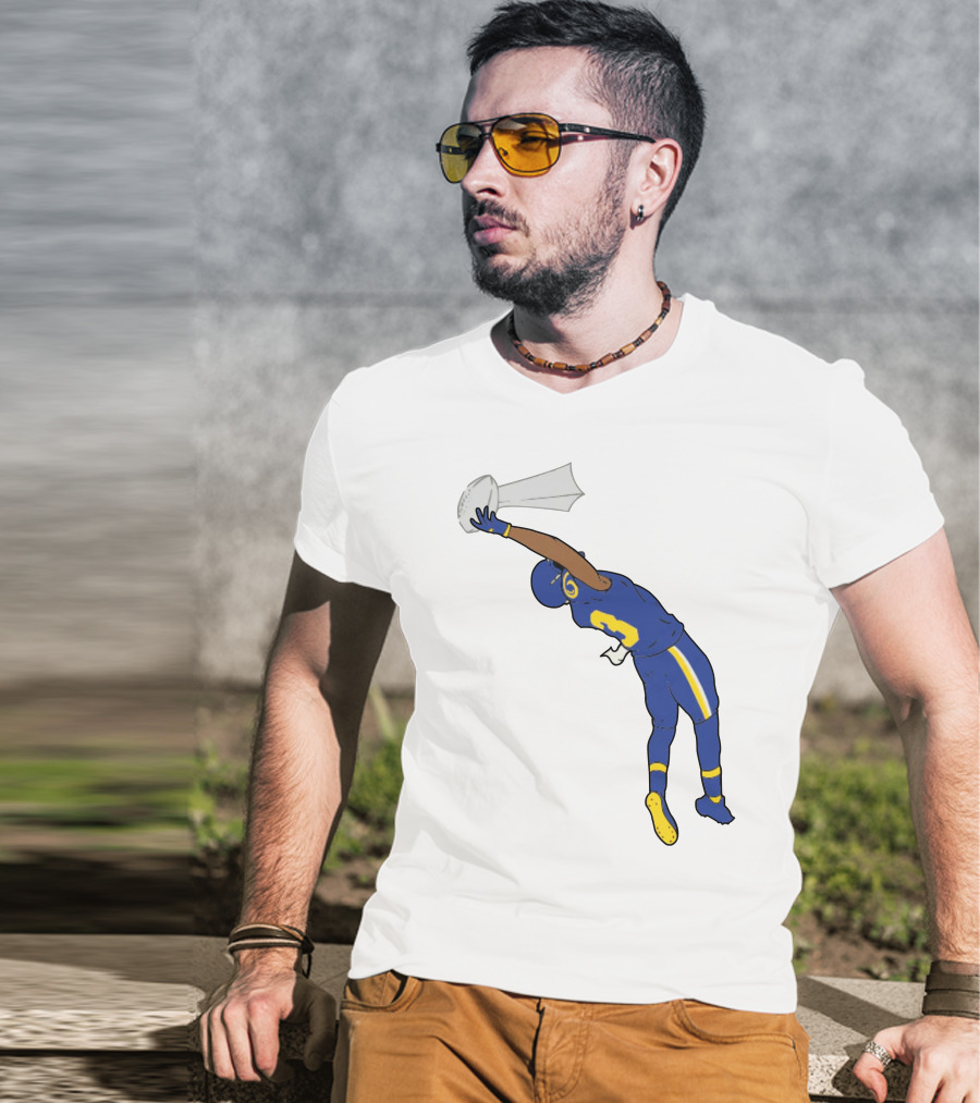 Trophy Catch Obj One-Handed Football Player Blue And Yellow Uniform T-Shirt