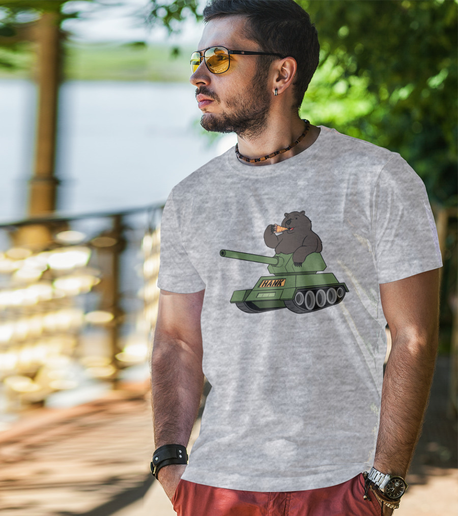 Bear Eating Pizza On A Tank With Hank Text T-Shirt