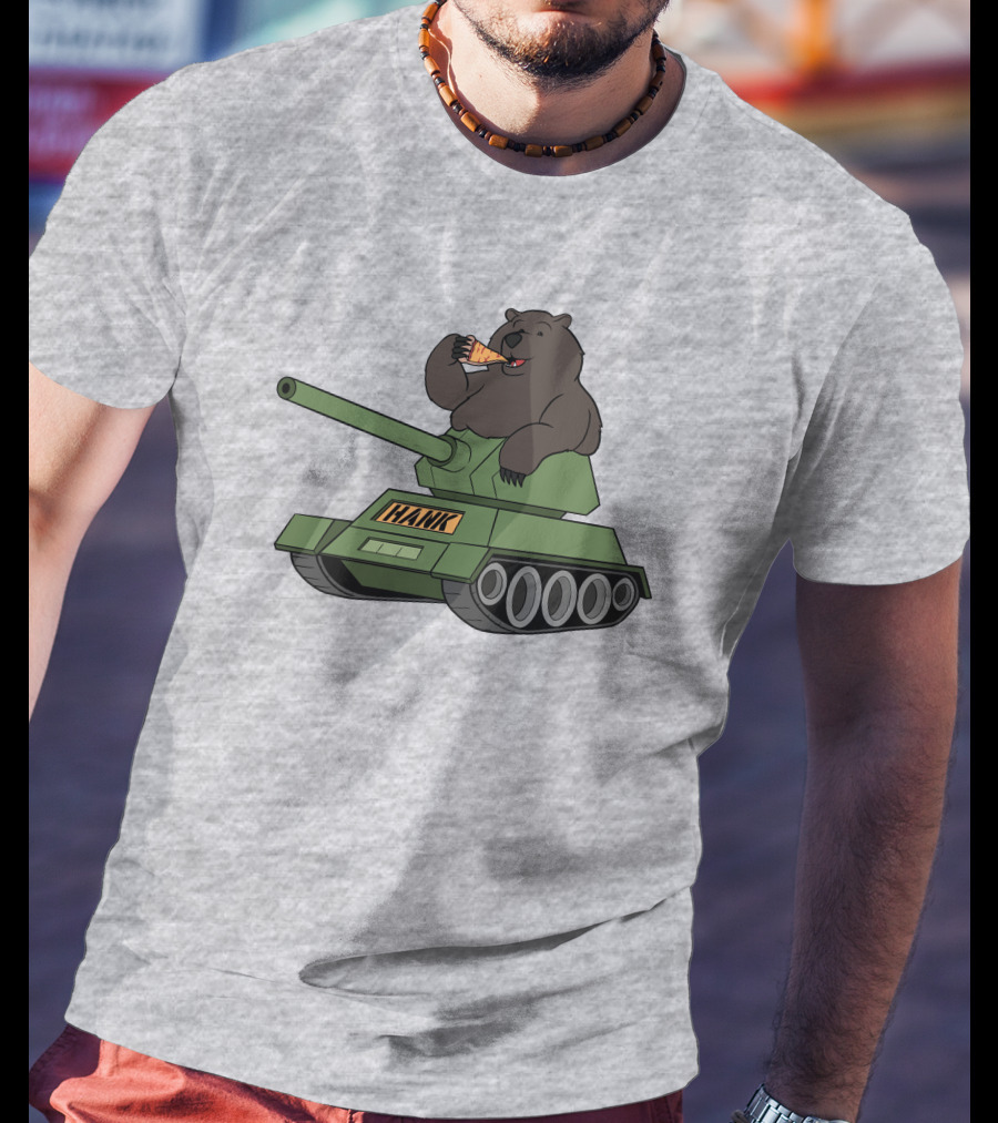 Bear Eating Pizza On A Tank With Hank Text T-Shirt