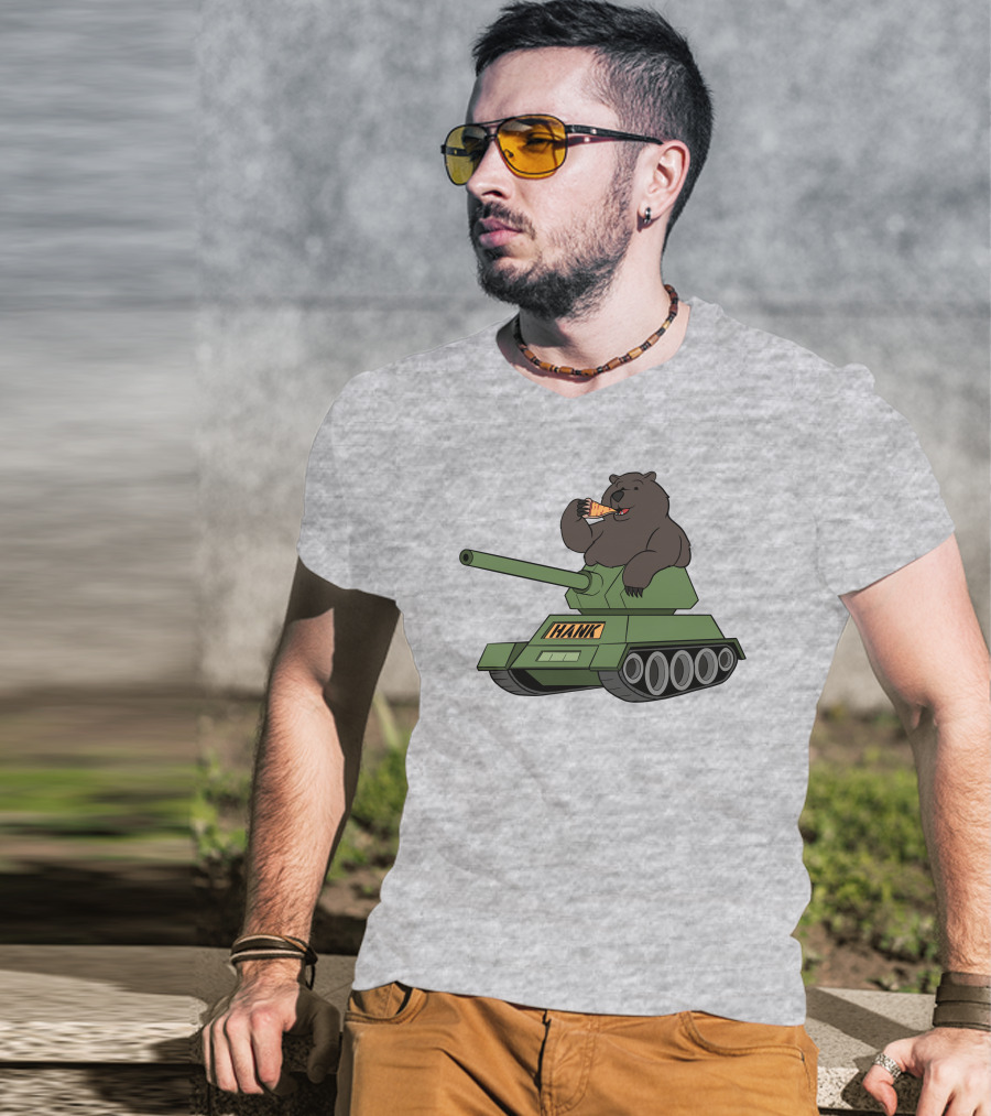 Bear Eating Pizza On A Tank With Hank Text T-Shirt