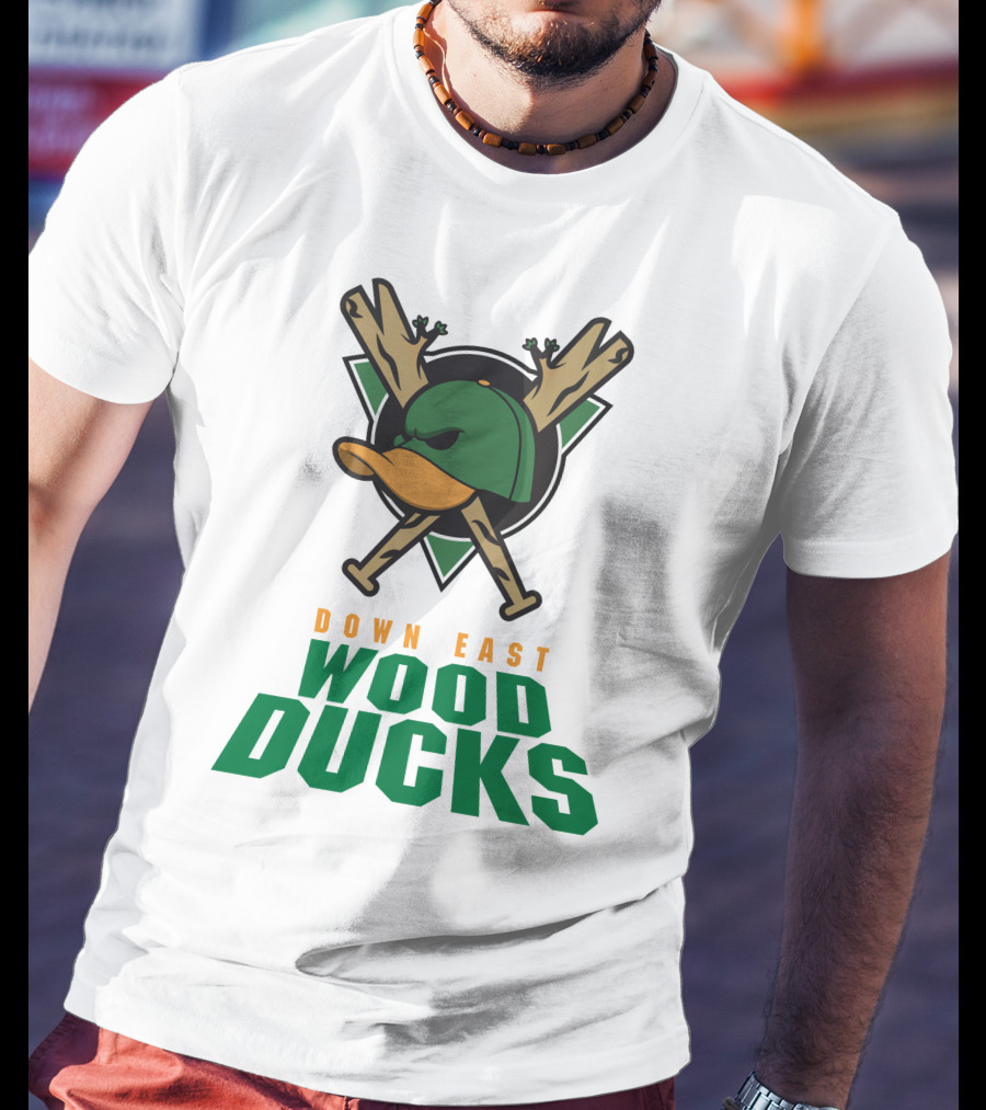 Down East Wood Ducks Baseball Logo With Crossed Bats And Duck Cap T-Shirt
