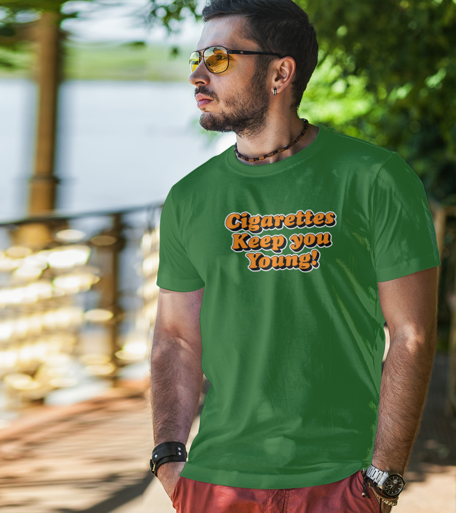 Cigarettes Keep You Young Retro Style Bold Orange Text On Green T-Shirt