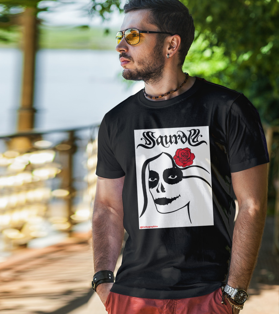 Saurom Cathygraphics Skull Face With Red Rose T-Shirt