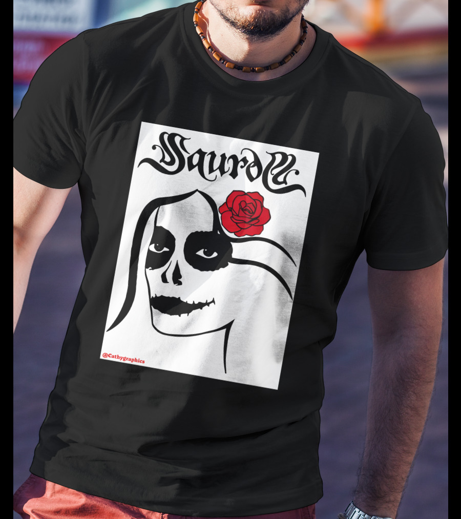 Saurom Cathygraphics Skull Face With Red Rose T-Shirt