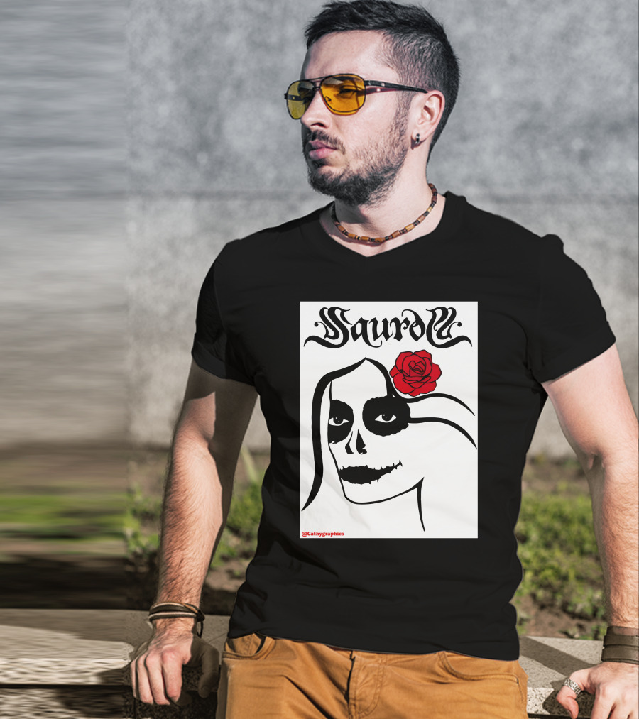 Saurom Cathygraphics Skull Face With Red Rose T-Shirt